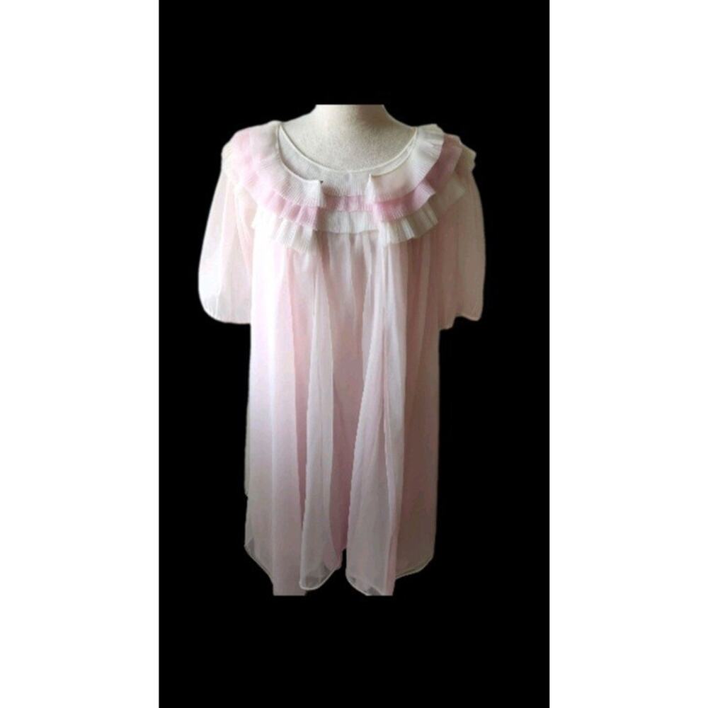 VTG MCM Pink Sheer Chiffon Nylon Peignoir Robe & Nightgown Ruffled 50s Boudoir